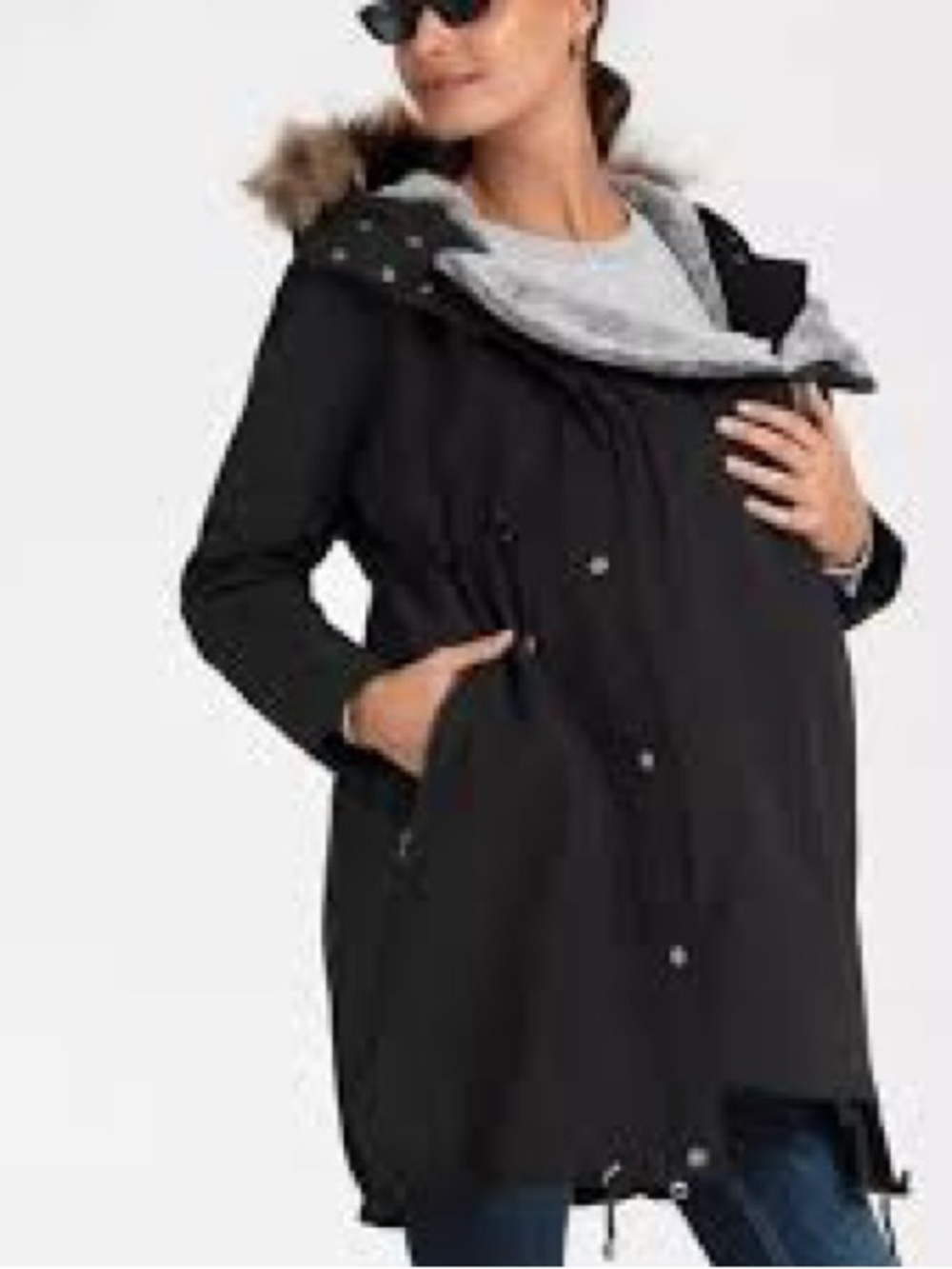 Seraphine 3 in 1 black baby wearing hooded parka coat, US 4 petite.